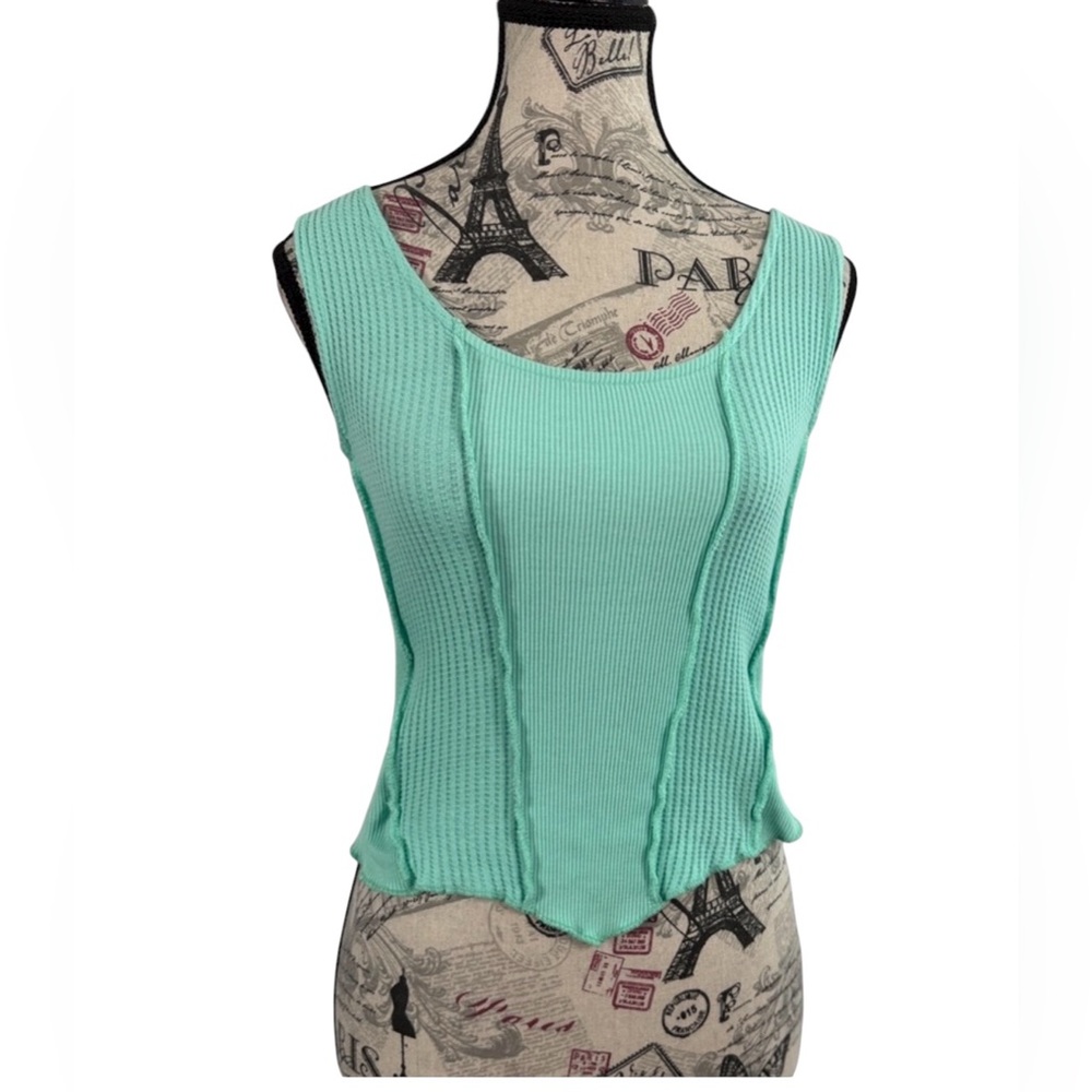 FITZ + EDDI  Mint Green  Sleeveless Ribbed Cropped Tank Top Raw Edges|S |boho